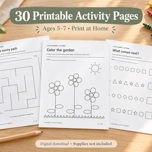Printbaar activiteitenpakket voor kinderen, 30 pagina's | Doolhoven, kleuren, tellen en werkbladen | Leeftijd 5-7 jaar PDF