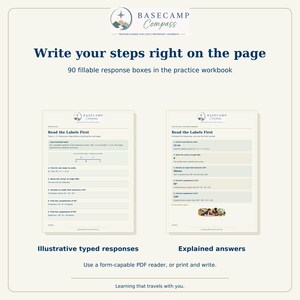 May include: A practice workbook titled Basecamp Compass featuring 90 fillable response boxes. The pages display geometry exercises with the heading Read the Labels First, illustrative typed responses, and explained answers for students.