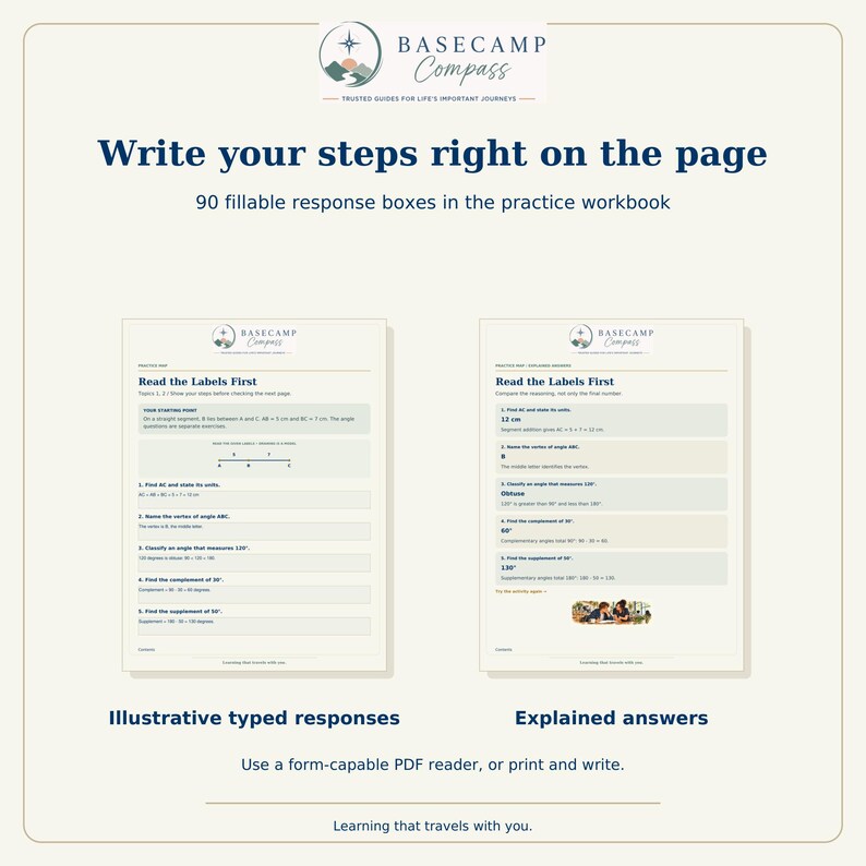 May include: A practice workbook titled Basecamp Compass featuring 90 fillable response boxes. The pages display geometry exercises with the heading Read the Labels First, illustrative typed responses, and explained answers for students.