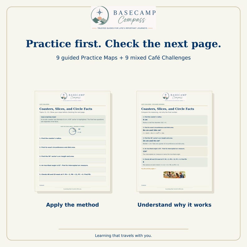 May include: Educational worksheet titled Basecamp Compass Coasters, Slices, and Circle Facts. It features 9 guided practice maps and 9 mixed cafe challenges with geometry problems, diagrams, and solutions for learning circle properties.