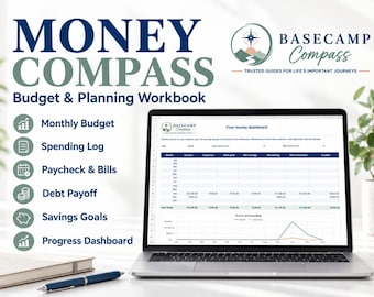 May include: A digital Money Compass Budget & Planning Workbook displayed on a laptop screen. The workbook features sections for monthly budget, spending log, paycheck, bills, debt payoff, savings goals, and a progress dashboard.