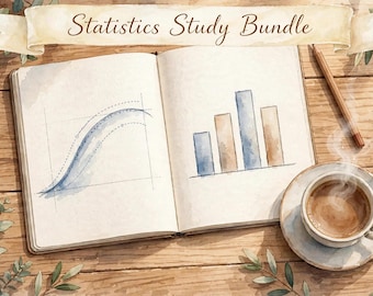 May include: An open notebook with the text Statistics Study Bundle on a banner above. The left page shows a blue watercolor line graph, and the right page shows a blue and tan bar chart. A wooden pencil and a steaming cup of coffee are nearby.