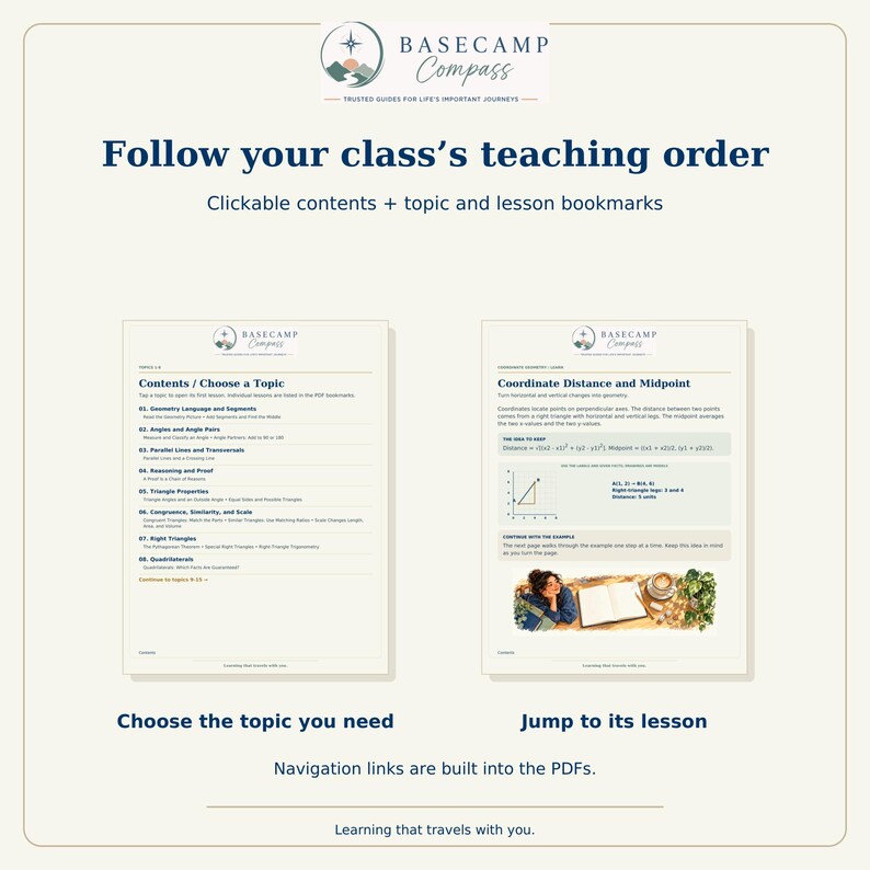 May include: A digital educational document titled Basecamp Compass featuring a contents page with eight geometry topics and a coordinate geometry lesson page with distance and midpoint formulas, navigation links, and instructional text.