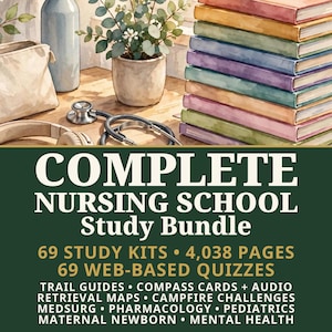 May include: A stack of colorful books, a beige pouch, a stethoscope, and a potted plant. The text reads: COMPLETE NURSING SCHOOL Study Bundle, 69 STUDY KITS, 4,038 PAGES, 69 WEB-BASED QUIZZES, TRAIL GUIDES, COMPASS CARDS, AUDIO, RETRIEVAL MAPS, CAMPFIRE CHALLENGES.