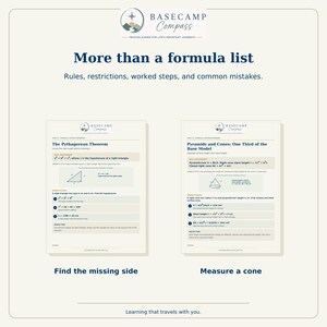 May include: Educational reference sheets titled Basecamp Compass featuring mathematical formulas for the Pythagorean Theorem and Pyramids and Cones. The text includes rules, worked steps, and common mistakes for geometry problems.