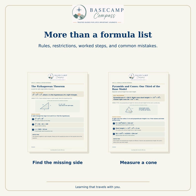May include: Educational reference sheets titled Basecamp Compass featuring mathematical formulas for the Pythagorean Theorem and Pyramids and Cones. The text includes rules, worked steps, and common mistakes for geometry problems.