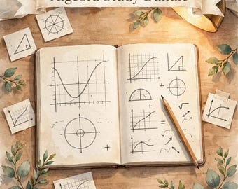 May include: An open notebook featuring hand-drawn algebraic graphs, geometric shapes, and mathematical symbols. A wooden pencil rests on the pages. Scattered around are small paper notes with diagrams, all under a banner reading Algebra Study Bundle.