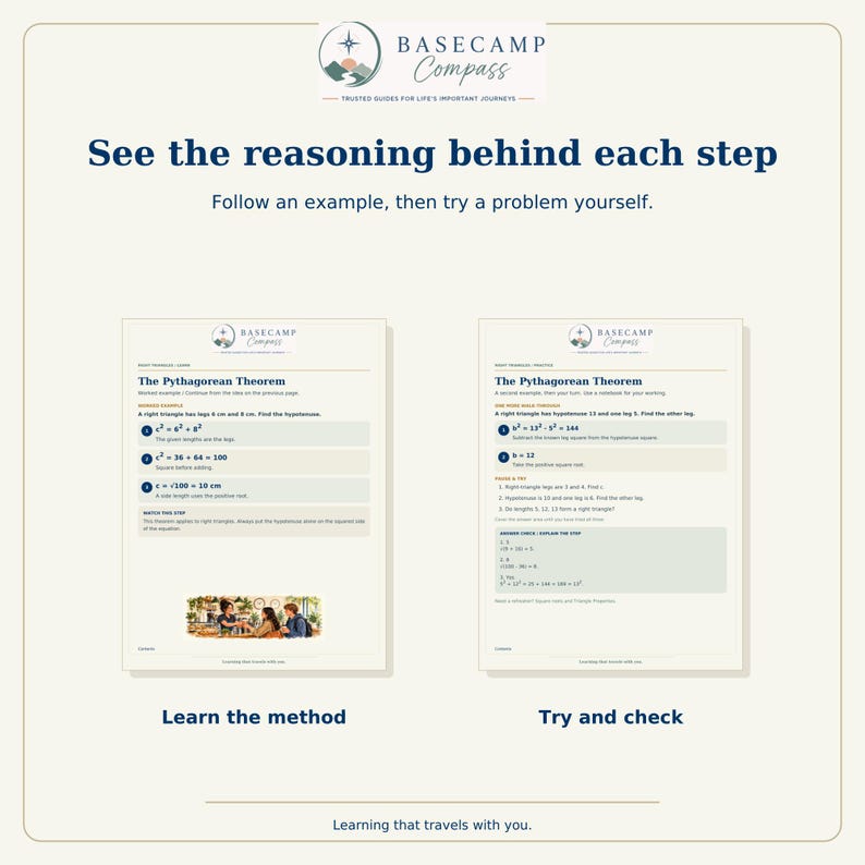 May include: Two educational worksheets titled The Pythagorean Theorem from Basecamp Compass. The left page shows a guided example with steps, while the right page provides practice problems and an answer check section for students to solve.