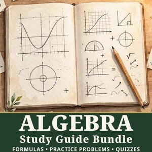 May include: An open notebook with beige pages featuring hand-drawn mathematical graphs, geometric shapes, and formulas. A wooden pencil rests on the right page. The text ALGEBRA Study Guide Bundle FORMULAS • PRACTICE PROBLEMS • QUIZZES appears below.