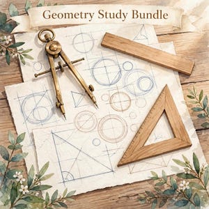 May include: A Geometry Study Bundle featuring a brass drafting compass, a wooden ruler, and a wooden triangle set square resting on paper with blue ink geometric sketches of circles and triangles, topped with a banner reading Geometry Study Bundle.