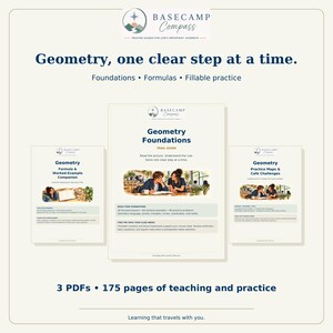 May include: Three digital educational PDF documents titled Basecamp Compass Geometry Foundations, Formula & Worked-Example Companion, and Practice Maps & Caf&eacute; Challenges. The materials feature dark blue text on a light background with illustrations.