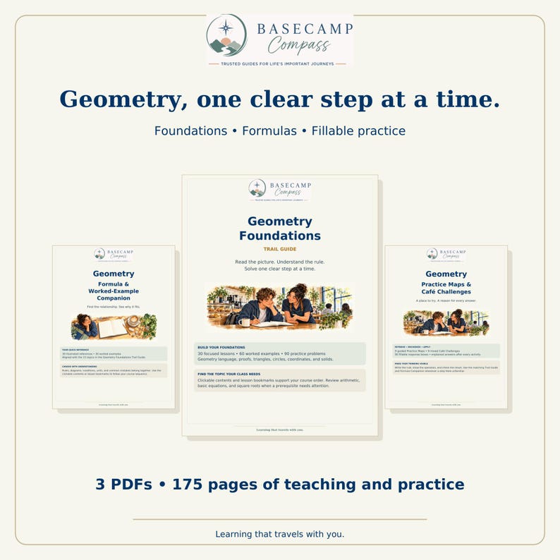 May include: Three digital educational PDF documents titled Basecamp Compass Geometry Foundations, Formula & Worked-Example Companion, and Practice Maps & Caf&eacute; Challenges. The materials feature dark blue text on a light background with illustrations.
