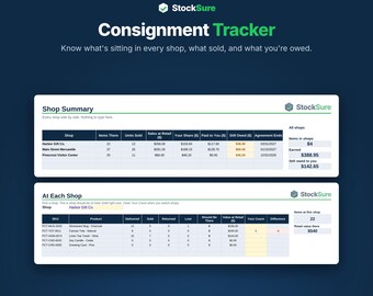 Feuille de calcul de suivi des consignations pour les créateurs : inventaire de la boutique, ventes et paiements (Excel, Google Sheets)