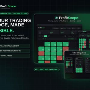 May include: A digital trading journal software interface titled Profit Scope, featuring a dark theme with green and red data visualization elements, interactive calendars, performance insights, and mobile app compatibility for tracking Forex, Crypto, and Stocks.