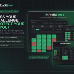 Peut inclure: Un graphique marketing numérique pour le logiciel de journal de trading Profit Scope. L'interface vert foncé affiche le suivi des P&L, le drawdown et les taux de réussite. Le texte inclut "Pass your challenge. Protect your payout" et "Pay once. Track for life."