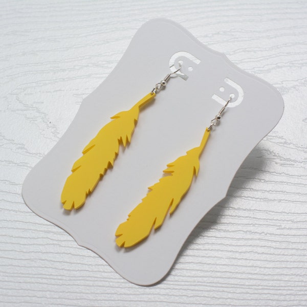 Hand-Painted Laser Cut Acrylic Feather Earrings in Canary Yellow