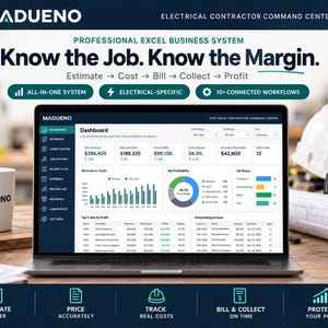 May include: A laptop displaying the Madueno Electrical Contractor Command Center dashboard, featuring financial data, job status charts, and revenue metrics. The screen shows text including Know the Job. Know the Margin. and Estimate → Cost → Bill → Collect → Profit.