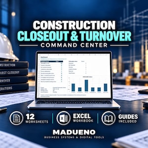 May include: A laptop displaying a dashboard titled Construction Closeout & Turnover Command Center, with a white hard hat, stacked books, and blueprints on a desk. The screen shows data tables and a bar chart with 12 worksheets and guides included.