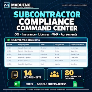 May include: A digital dashboard titled Subcontractor Compliance Command Center by Madueno Business Systems. It displays a table of demo data for subcontractors, including 14 worksheets, 80 subcontractor capacity, and Excel and Google Sheets access.