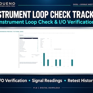 Op de afbeelding: Een digitaal spreadsheet-sjabloon voor een Instrument Loop Check Tracker met een dashboard, gegevenstabellen en een staafdiagram. De tekst bevat Madueno Business Systems & Digital Tools, Instrument Loop Check Tracker en I/O Verification.