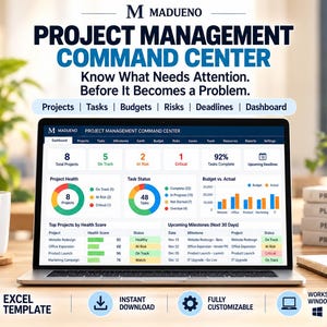 May include: A laptop screen displaying a Project Management Command Center Excel template by Madueno. The dashboard features project health charts, task status, budget versus actual graphs, and upcoming milestones. A mug with text and stacked books are nearby.