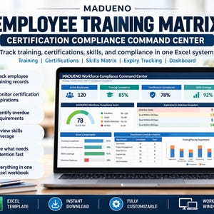 Könnte beinhalten: Ein Laptop-Bildschirm zeigt die Madueno Mitarbeiter-Schulungsmatrix, eine Excel-Vorlage zur Nachverfolgung von Zertifizierungen, Fähigkeiten und Compliance. Das Dashboard enthält Datenvisualisierungen, Diagramme und Tabellen.