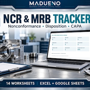May include: A digital NCR & MRB Tracker software interface displayed on a laptop screen, featuring an administrative summary dashboard. The setup includes a metal mechanical part, a blue clipboard, a pen, and a digital caliper on a desk.