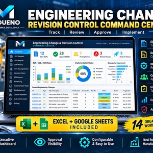 Puede incluir: Un portátil que muestra el panel de control Madueno Engineering Change Revision Control Command Center con gráficos de datos, tablas de estado y menús. La pantalla muestra texto que incluye Engineering Change, Revision Control y 14 hojas de cálculo organizadas.