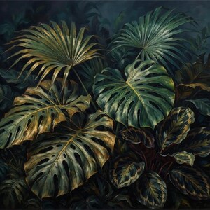 Può includere: Un dipinto a olio che raffigura un denso gruppo di fogliame tropicale, con grandi foglie di monstera verde scuro con caratteristiche perforazioni, insieme a fronde di palma a ventaglio e foglie di calathea modellate in tonalità di verde e oro.