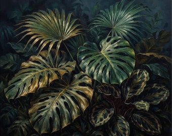 May include: An oil painting depicting a dense cluster of tropical foliage, featuring large, dark green monstera leaves with characteristic perforations, alongside fan-shaped palm fronds and patterned calathea leaves in deep shades of green and gold.