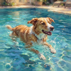 Può includere: Un dipinto a olio raffigurante un cane dorato e bianco che nuota in una piscina blu brillante. Il cane ha la bocca aperta, mostrando i denti, con l'acqua che schizza attorno al corpo mentre si muove attraverso l'acqua turchese chiara e increspata.