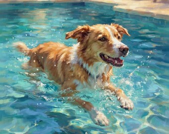 May include: An oil painting style depiction of a golden and white dog swimming in a bright blue swimming pool. The dog has its mouth open, showing teeth, with water splashing around its body as it moves through the clear, rippling turquoise water.