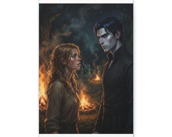 May include: A digital illustration of a person with long wavy hair in a tan shirt facing a person with dark hair in a black high-collared tunic. They stand before a glowing campfire in a dark forest with faint silhouettes of figures.