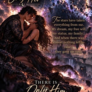 Può includere: Un'illustrazione di copertina di un libro fantasy con una coppia che si abbraccia su una scogliera rocciosa contro un cielo cosmico. Il testo recita: There Is Only Her, The stars have taken everything from me. My dream, my free will, my status, my family... And when there was almost nothing left to take, they gave me you. There Is Only Him.