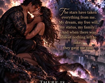 Pode incluir: Uma ilustração de capa de livro de fantasia com um casal se abraçando em um penhasco rochoso contra um céu cósmico. O texto diz: There Is Only Her, The stars have taken everything from me. My dream, my free will, my status, my family... And when there was almost nothing left to take, they gave me you. There Is Only Him.