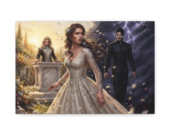 May include: A fantasy art print depicting a person in a long, white, lace-detailed gown standing between two figures. One figure stands by a stone pedestal in a sunlit garden, while the other stands against a dark, stormy sky with lightning.