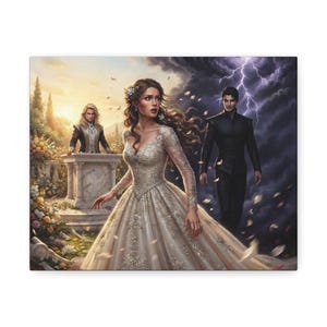Può includere: Una stampa su tela che raffigura una figura centrale con un lungo abito in pizzo color crema tra due scene contrastanti: un giardino soleggiato con una persona su un piedistallo di pietra a sinistra e un cielo scuro e tempestoso con fulmini.
