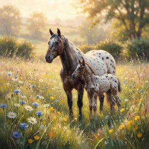 Può includere: Un cavallo adulto maculato marrone e bianco e un puledro maculato più piccolo in piedi insieme in un prato vibrante pieno di ranuncoli gialli, margherite bianche e fiordalisi blu sotto una luce soffusa, calda e dorata.