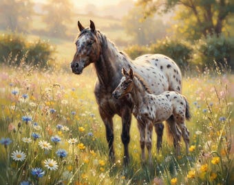 May include: A brown and white spotted adult horse and a smaller spotted foal standing together in a vibrant meadow filled with yellow buttercups, white daisies, and blue cornflowers under a soft, warm, golden-toned morning or evening light.