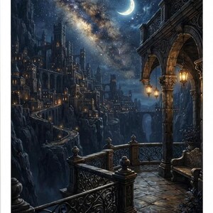 Può includere: Un'illustrazione digitale di un balcone in pietra con ringhiere in metallo decorato che si affaccia su una città su una scogliera di notte. Una luna crescente e la Via Lattea brillano nel cielo scuro sopra torri, ponti e lanterne.