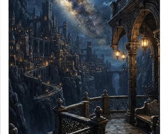May include: A digital illustration of a stone balcony with ornate metal railings overlooking a cliffside city at night. A crescent moon and the Milky Way galaxy shine in the dark sky above stone towers, bridges, and glowing lanterns.