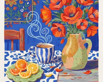 May include: A digital illustration of a blue and white striped mug with steaming hot liquid, a speckled ceramic pitcher filled with vibrant orange poppies, and a light green scalloped plate holding sliced oranges on a blue patterned tablecloth.