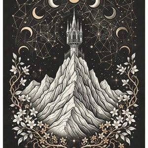 Può includere: Un'illustrazione in bianco e nero che raffigura un alto castello arroccato sulla cima di una montagna frastagliata. La scena è incorniciata da viti in fiore e da un cielo celeste pieno di fasi lunari e costellazioni in linee dorate.