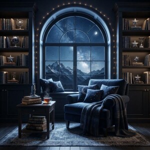 Può includere: Una poltrona imbottita blu scuro con una coperta con frange e cuscini con motivi celesti si trova davanti a una grande finestra ad arco che si affaccia su una catena montuosa al chiaro di luna. Un tavolino ospita una tazza fumante.
