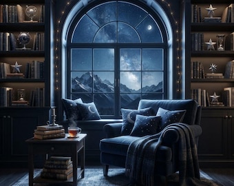 May include: A dark blue upholstered armchair with a fringed throw blanket and celestial-patterned pillows sits before a large arched window overlooking a moonlit mountain range. A side table holds a steaming mug and stacked books.