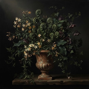 Puede incluir: Una urna de terracota con acabado desgastado contiene un exuberante arreglo de brotes de helecho verdes, pequeñas flores blancas y amarillas en forma de estrella y hojas de hiedra verde oscuro sobre un fondo oscuro.