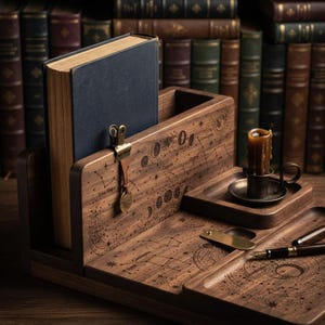 Può includere: Un organizer da scrivania in legno scuro con motivi celesti incisi, tra cui costellazioni e fasi lunari. Contiene un libro blu scuro, una clip in ottone con un ciondolo, una candela in un supporto di metallo e una penna stilografica.