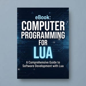Op de afbeelding: Een eBook-omslag met de titel Computer Programming for Lua: A Comprehensive Guide to Software Development with Lua. De achtergrond heeft een donkerblauw printplaatpatroon met lichtblauwe lijnen en binaire code.