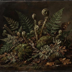 Può includere: Un dipinto a olio che raffigura una scena di sottobosco con fronde di felce verdi, germogli di felce strettamente arrotolati, macchie di muschio verde testurizzato, licheni chiari e foglie di quercia marroni su uno sfondo scuro.