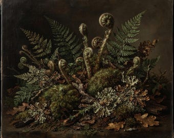 May include: An oil painting depicting a forest floor scene with green fern fronds, tightly coiled fiddleheads, patches of textured green moss, light-coloured lichen, and scattered brown oak leaves arranged against a dark, shadowed background.